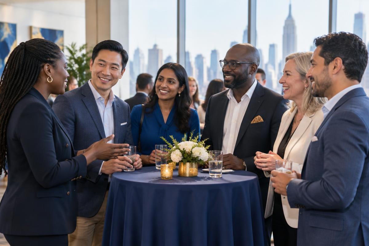 A multicultural group of professionals connecting at a welcoming business networking event